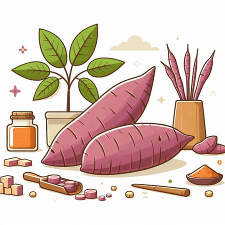 Illustration of a Sweet Potato and Herbs on a White Backgroundのイラスト素材