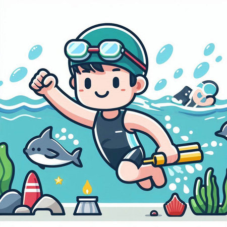 Swimming boy in sportswear jumping into the water. Vector illustration.のイラスト素材