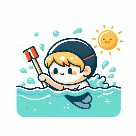 Cute boy swimming in the sea. Vector illustration on white background.のイラスト素材