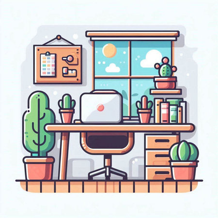 Office workplace. Workplace with computer, cactus, books, cactus, potted plants. Vector illustrationのイラスト素材