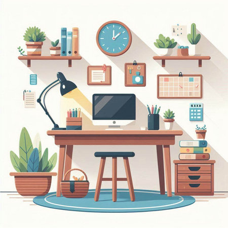 Flat design office interior. Workplace with computer, bookshelf, table, chair, lamp, plant, clock. Vector illustration.のイラスト素材
