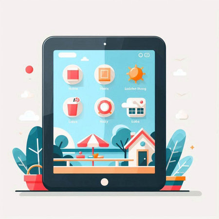 Tablet computer with home icon set. Flat design vector illustration.のイラスト素材