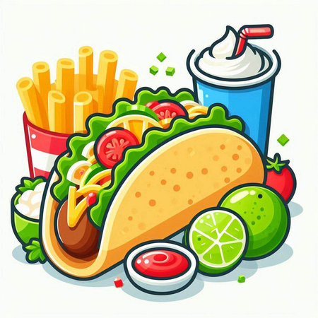 Illustration of a Taco with Fries, Ketchup and Limeのイラスト素材