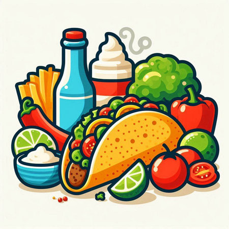 Illustration of a Taco with Fruits and Vegetables on a White Backgroundのイラスト素材