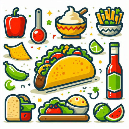 Mexican food icon set. Flat illustration of mexican food vector icons for web designのイラスト素材