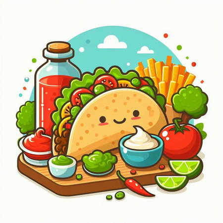 Mexican food vector illustration. Tacos, salsa, guacamole, jalapeno, chili pepper, lime, salt and pepper.のイラスト素材