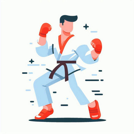 Karate fighter in red gloves. Vector illustration in a flat style.のイラスト素材