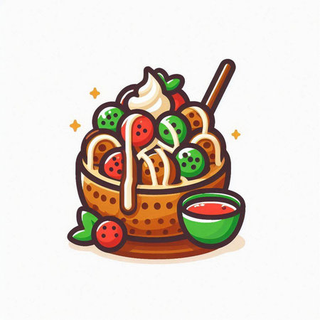 Illustration of a bowl of waffles with ice cream and strawberries.のイラスト素材