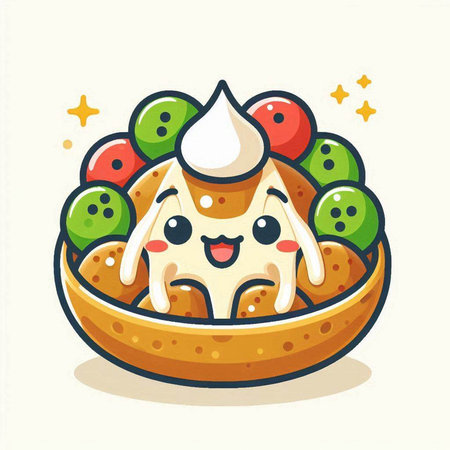 Cute cartoon kawaii apple pie with whipped cream and fruits.のイラスト素材