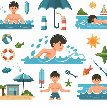 Set of summer beach icons. Cartoon illustration of set of beach vector icons for web designのイラスト素材