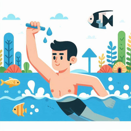 Man swimming in the sea. Vector illustration in flat cartoon style.のイラスト素材