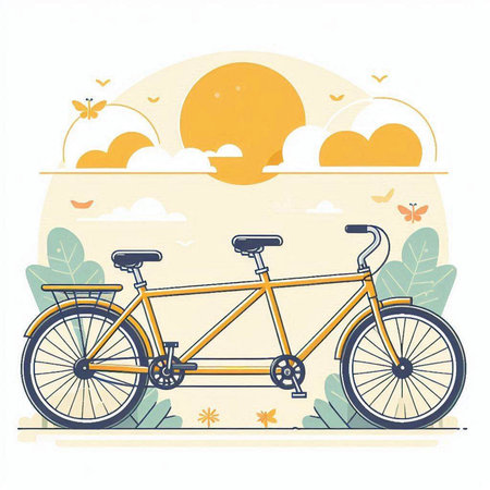 Bicycle on the background of the sunset. Vector illustration in flat style.のイラスト素材
