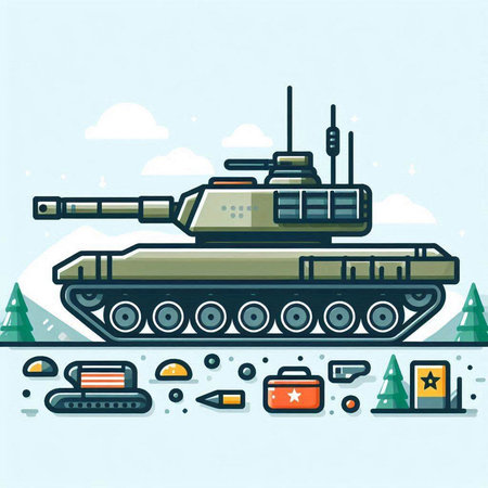 Vector illustration of a tank on a background of military equipment in a flat style.のイラスト素材