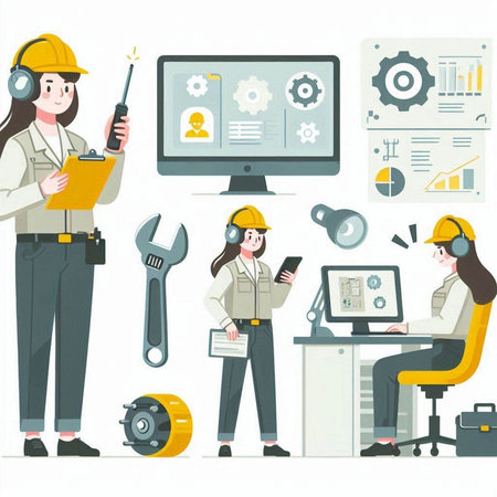 mechanic worker in uniform with tools and equipment vector illustration.のイラスト素材