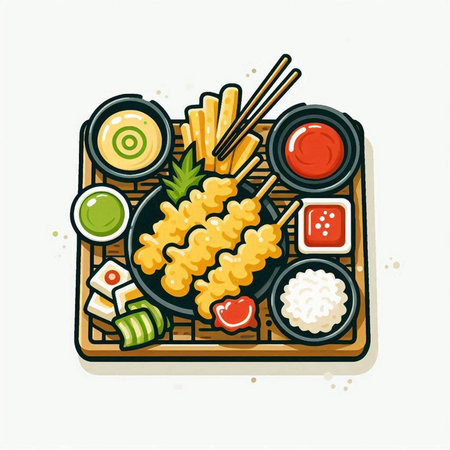 Illustration of japanese food with chopsticks and soy sauceのイラスト素材