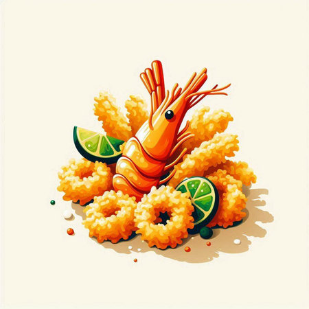 Illustration of shrimp and lemon on a white background with space for textのイラスト素材
