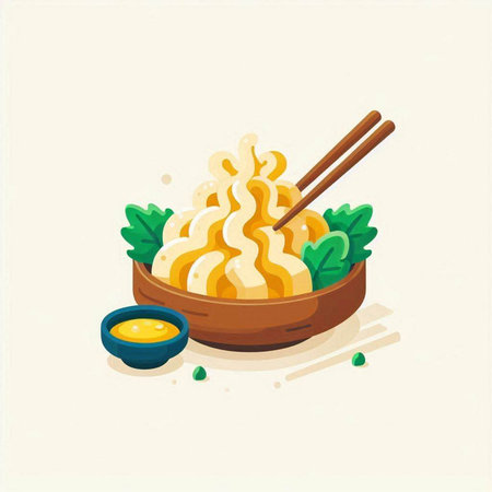 Illustration of noodles in a bowl with chopsticks and sauce.のイラスト素材