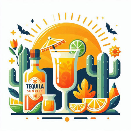 Tequila sunrise cocktail with cactus. Vector illustration in flat styleのイラスト素材