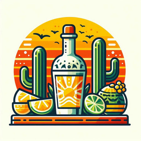 Tequila bottle with cactus and lime. Vector illustration.のイラスト素材
