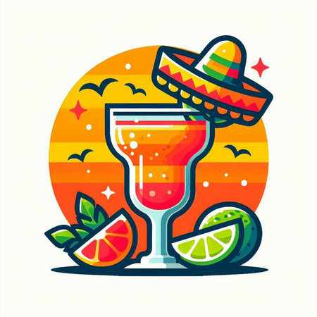 Cocktail with lime and sombrero on colorful background. Vector illustration.のイラスト素材
