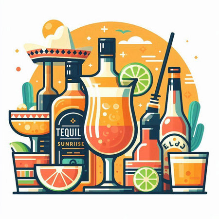 Cocktail set. Tequila, tequila, gin, tequila, lime, sombrero, jalapeno, vodka. Vector illustrationのイラスト素材