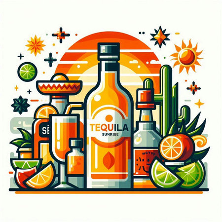 Mexican tequila bottle and ingredients. Vector illustration in flat styleのイラスト素材