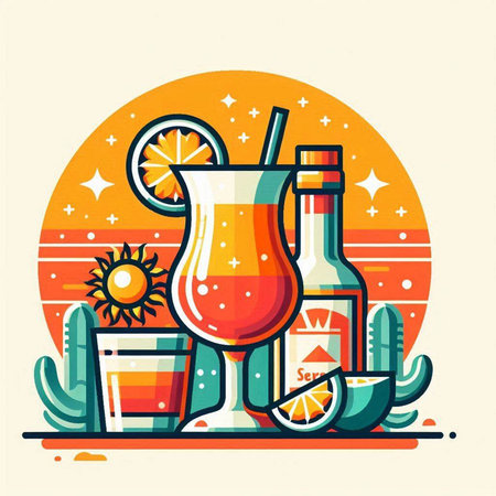 Tequila sunrise cocktail. Colorful vector illustration in flat styleのイラスト素材