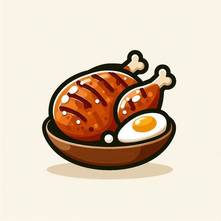 Illustration of a fried chicken on a wooden plate with an eggのイラスト素材