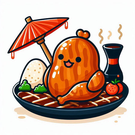 Kawaii cartoon fried chicken on a plate. Vector illustration.のイラスト素材