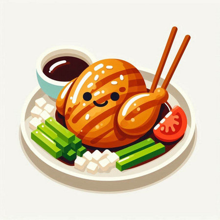 Illustration of fried chicken and rice in a bowl with chopsticksのイラスト素材