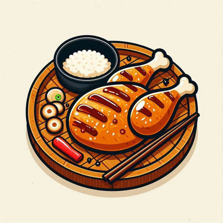 Illustration of grilled chicken on wooden plate with rice and chopsticksのイラスト素材