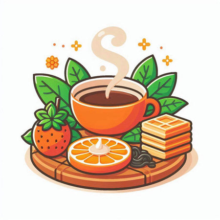 Cup of coffee and sweets. Vector illustration on white background.のイラスト素材