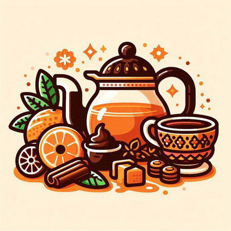 Tea time vector illustration with teapot, cup, sugar, orange and cinnamon.のイラスト素材