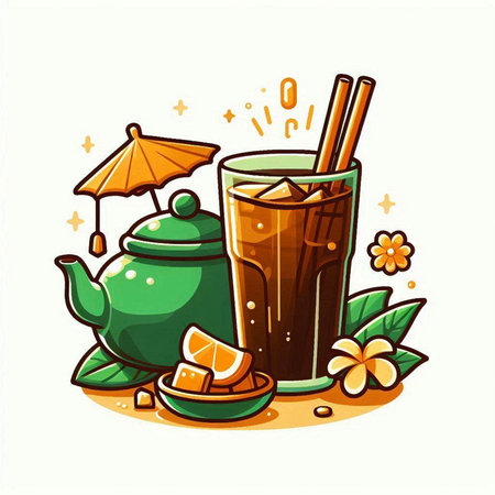 Tea time illustration with teapot, cup of hot drink, oranges, cinnamon, star anise.のイラスト素材
