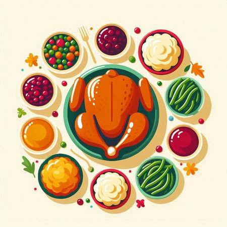 Thanksgiving Day table with turkey and vegetables. Vector illustration in flat style.のイラスト素材