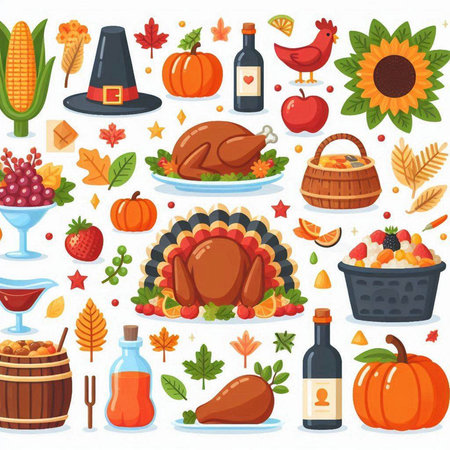 Thanksgiving day cartoon icons set with food and drinks isolated vector illustrationのイラスト素材