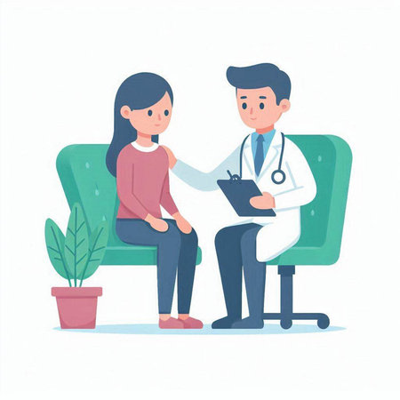 Male doctor and female patient sitting on armchair. Vector illustration.のイラスト素材