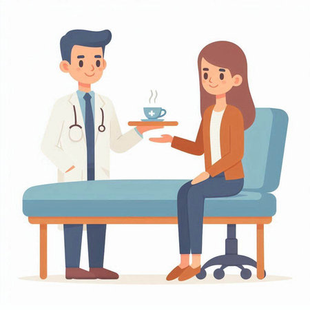 Doctor giving a cup of coffee to patient. Vector illustration in cartoon style.のイラスト素材