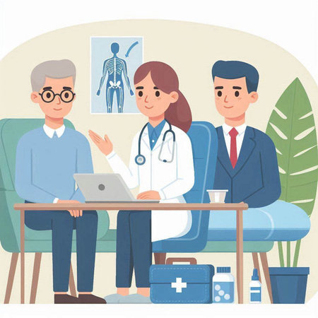 Doctor and patient sitting at the table. Vector illustration in cartoon styleのイラスト素材
