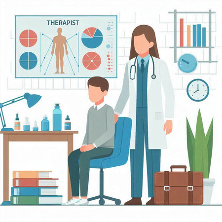 Vector illustration of a doctor and patient in the office. Flat style.のイラスト素材