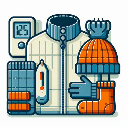 Vector illustration of a man in winter clothes with a thermometer, gloves and a sweaterのイラスト素材