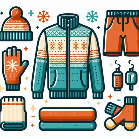 Winter clothes and accessories. Vector illustration in flat style. Colorful set.のイラスト素材