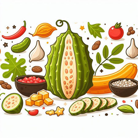 Illustration of Cucumber, Fruits and Vegetables on White Backgroundのイラスト素材