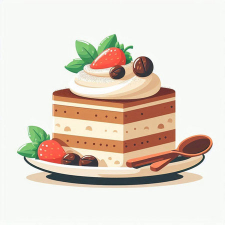 Piece of cake with whipped cream and strawberries. Vector illustration.のイラスト素材