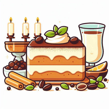 Illustration of a piece of cake with coffee beans, cinnamon and candlesのイラスト素材