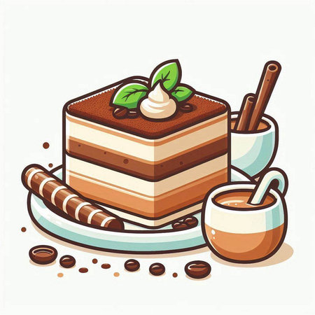 Illustration of a piece of tiramisu cake and coffee cupのイラスト素材