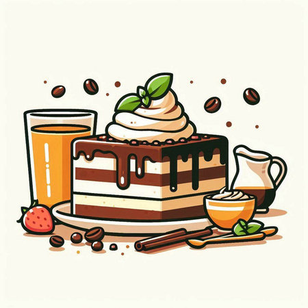 Vector illustration of a chocolate cake with whipped cream and cup of coffeeのイラスト素材