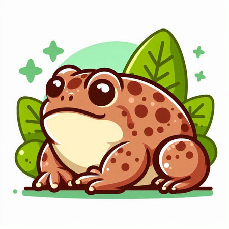 Cute cartoon frog sitting on green leaves. Vector illustration isolated on white background.のイラスト素材