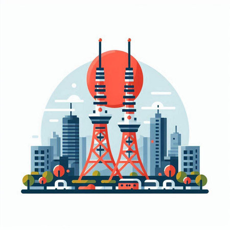 Telecommunication tower in modern city. Vector illustration in flat style.のイラスト素材