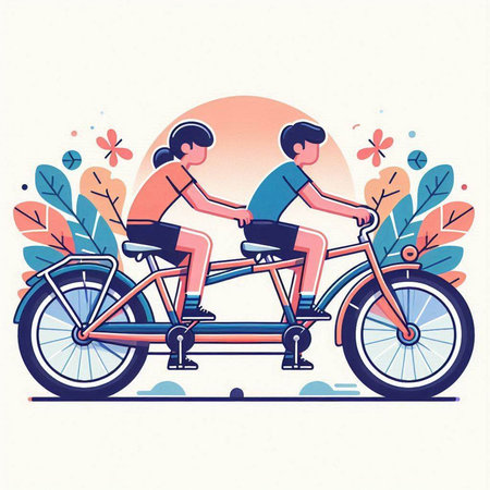 Young couple riding a tandem bicycle in the park. Flat vector illustration.のイラスト素材